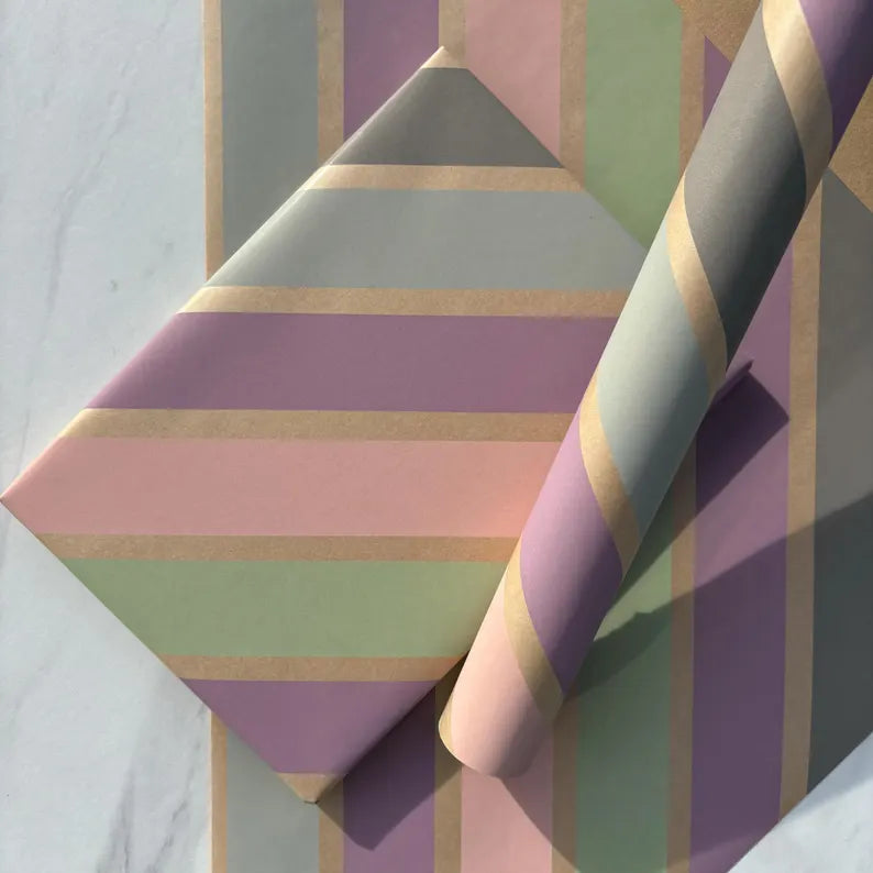 Pastel Stripes Christmas Eco Friendly Gift Wrapping Paper, 100% Recycled & Recyclable, Sustainable Kraft Wrapping Paper, Birthday Gift Wrap