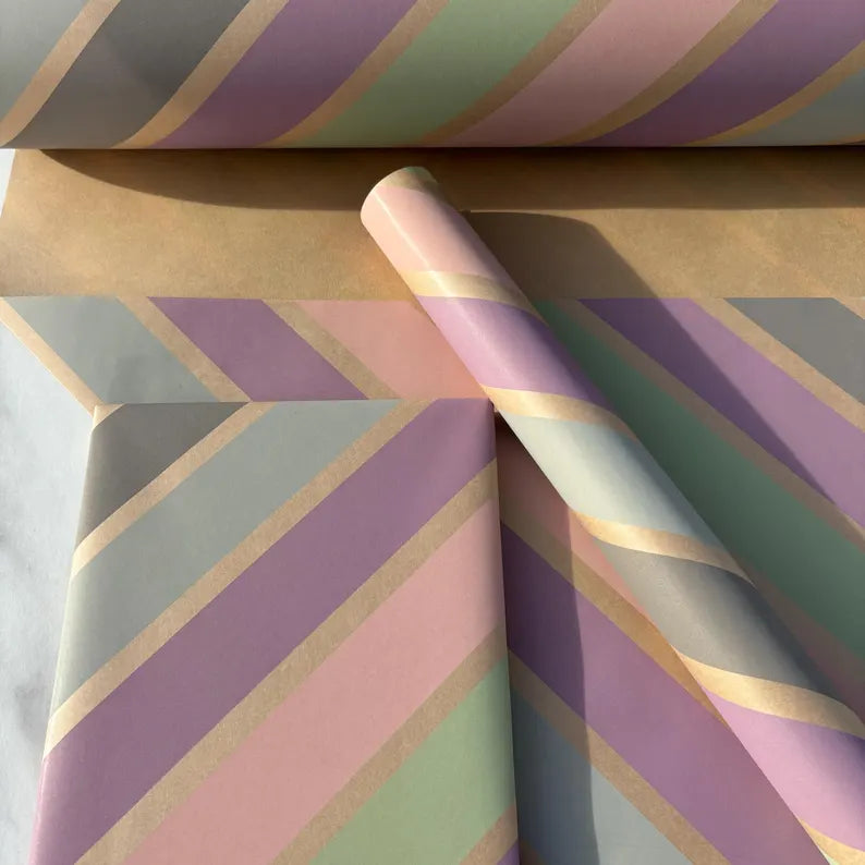 Pastel Stripes Christmas Eco Friendly Gift Wrapping Paper, 100% Recycled & Recyclable, Sustainable Kraft Wrapping Paper, Birthday Gift Wrap