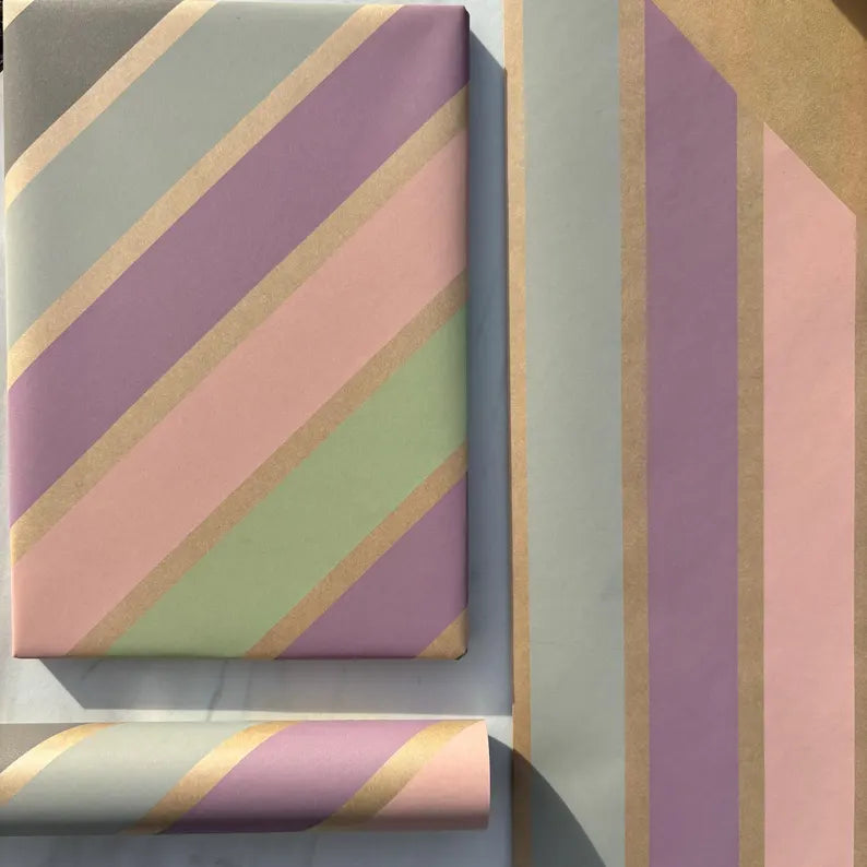 Pastel Stripes Christmas Eco Friendly Gift Wrapping Paper, 100% Recycled & Recyclable, Sustainable Kraft Wrapping Paper, Birthday Gift Wrap