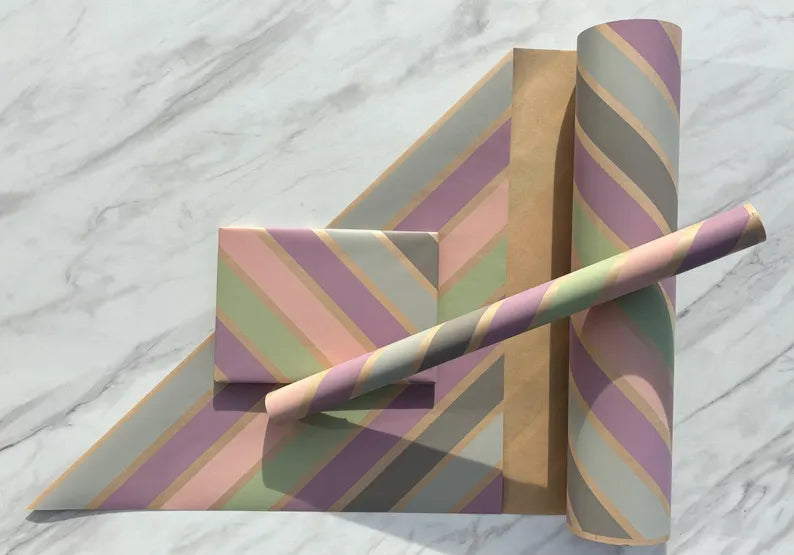 Pastel Stripes Christmas Eco Friendly Gift Wrapping Paper, 100% Recycled & Recyclable, Sustainable Kraft Wrapping Paper, Birthday Gift Wrap