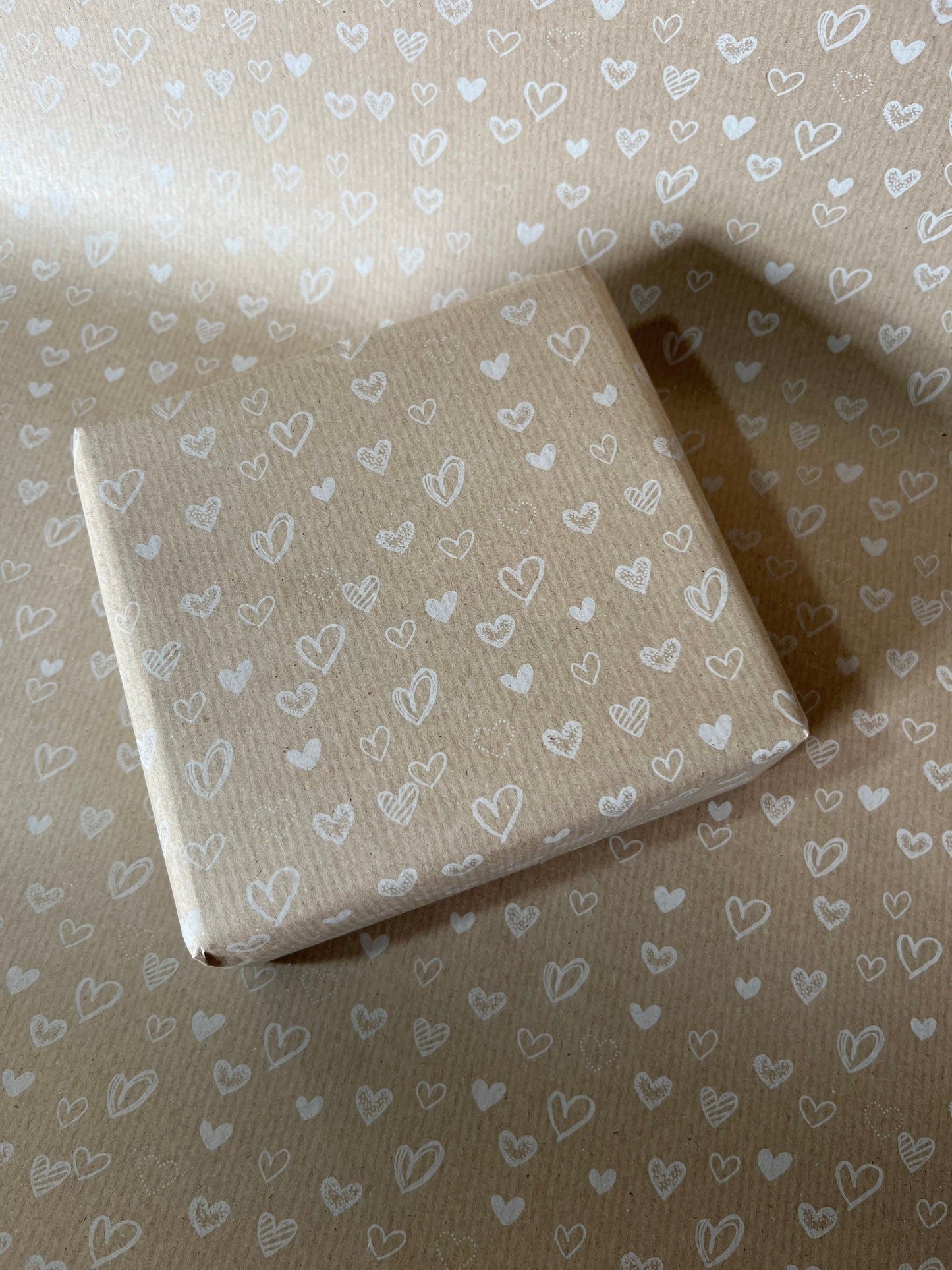 Wrapping Paper White Hearts Print 50CM Wide Eco Friendly, 100% Recycled Kraft | Recyclable, Sustainable, Plastic Free Gift Wrap
