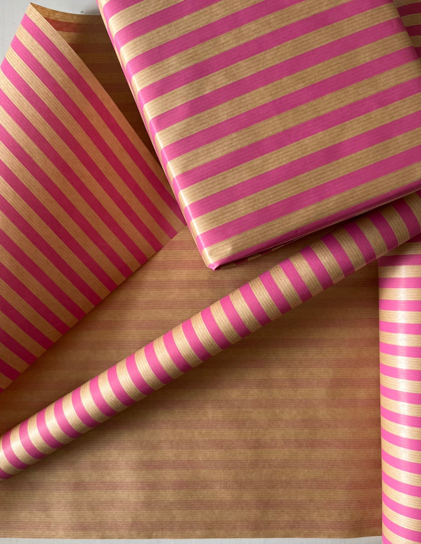 Wrapping Paper Cerise Pink Stripes 50CM Wide Eco Friendly, 100% Recycled Kraft | Recyclable, Sustainable, Plastic Free Gift Wrap