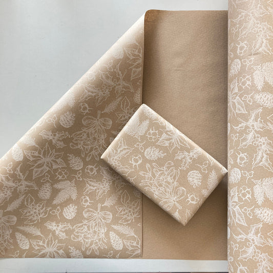 Christmas Wrapping Paper  White Foliage 50CM Wide Eco Friendly, 100% Recycled Kraft | Recyclable, Sustainable, Plastic Free Gift Wrap