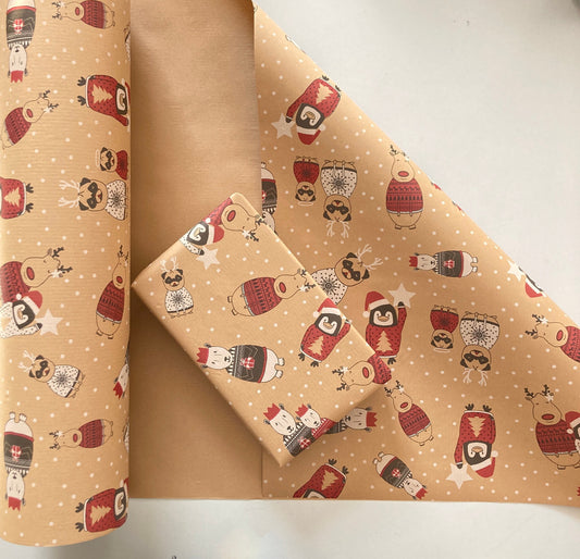 Christmas Wrapping Paper  Companions 50CM Wide Eco Friendly, 100% Recycled Kraft | Recyclable, Sustainable, Plastic Free Gift Wrap