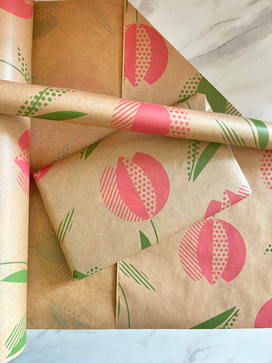 Wrapping Paper Tulip Floral 50CM Wide Eco Friendly, 100% Recycled Kraft | Recyclable, Sustainable, Plastic Free Gift Wrap