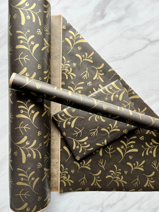 Christmas Wrapping Paper  Black Gold Mistletoe 50CM Wide Eco Friendly, 100% Recycled Kraft | Recyclable, Sustainable, Plastic Free Gift Wrap