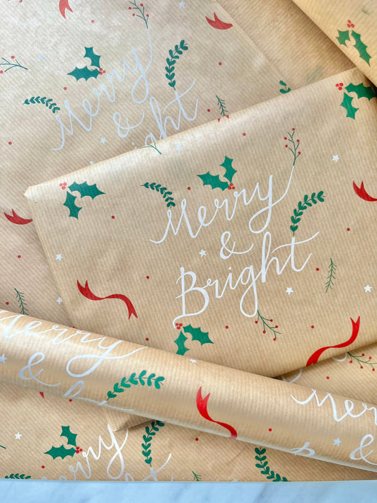 Christmas Wrapping Paper  Merry & Bright 50CM Wide Eco Friendly, 100% Recycled Kraft | Recyclable, Sustainable, Plastic Free Gift Wrap