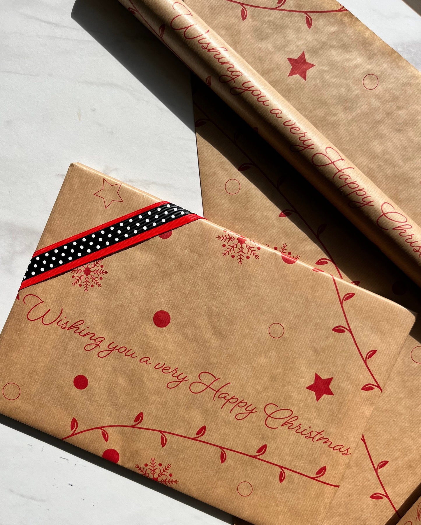Christmas Wrapping Paper  Red Writing 50CM Wide Eco Friendly, 100% Recycled Kraft | Recyclable, Sustainable, Plastic Free Gift Wrap