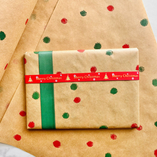 Christmas Wrapping Paper Green And Red Polka Dot 50CM Wide Eco Friendly, 100% Recycled Kraft | Recyclable, Sustainable, Plastic Free Gift Wrap
