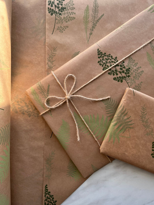 Wrapping Paper Botanical Leaves 50CM Wide Eco Friendly, 100% Recycled Kraft | Recyclable, Sustainable, Plastic Free Gift Wrap