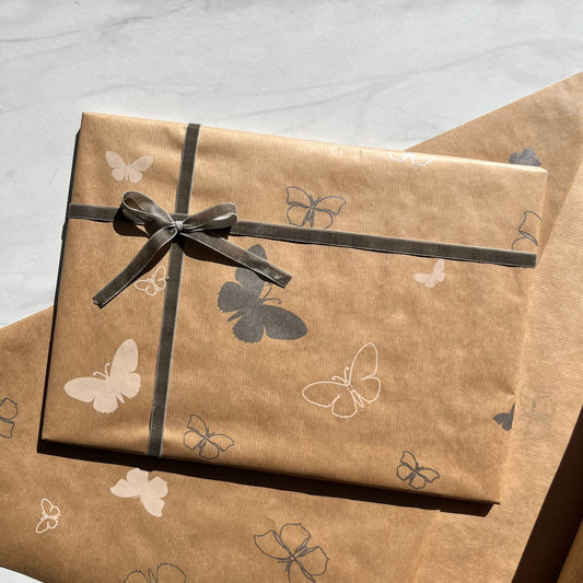 Wrapping Paper Silver White Butterfly 50CM Wide Eco Friendly, 100% Recycled Kraft | Recyclable, Sustainable, Plastic Free Gift Wrap