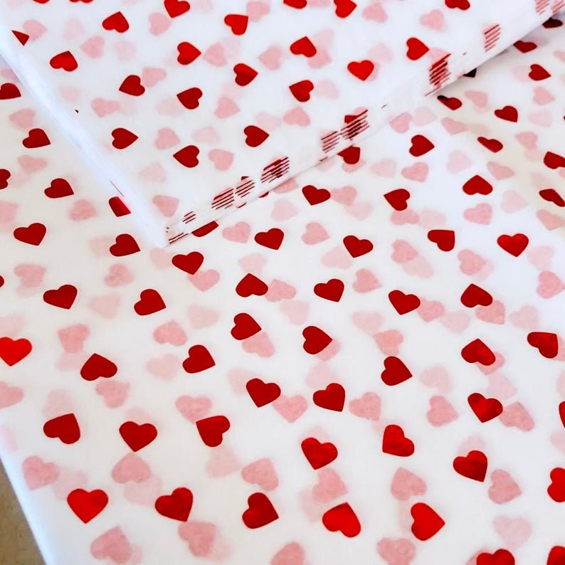 Tissue Paper Red Foil Heart Print Luxury Thick 18GSM Sheets Eco Friendly Full Size 75cm x 50cm 1-10 Sheets Folded
