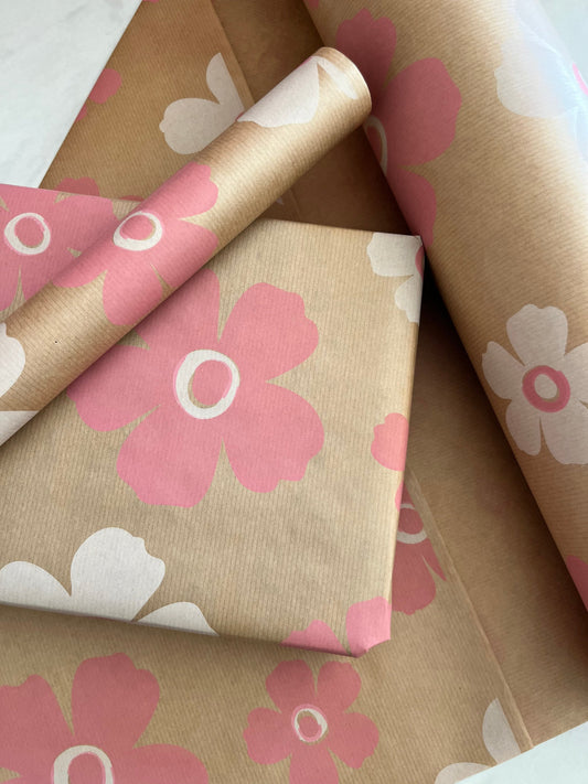 Wrapping Paper Pink White Floral 50CM Wide Eco Friendly, 100% Recycled Kraft | Recyclable, Sustainable, Plastic Free Gift Wrap