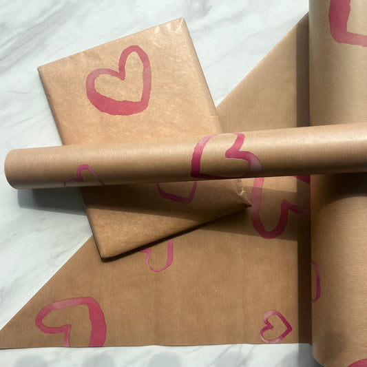 Wrapping Paper Pink Watercolour Hearts 50CM Wide Eco Friendly, 100% Recycled Kraft | Recyclable, Sustainable, Plastic Free Gift Wrap