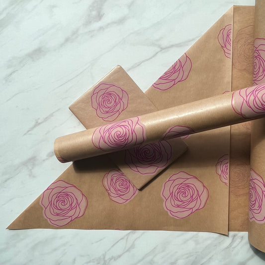Wrapping Paper Pink Roses Print Eco Friendly Gift Wrapping Paper, 100% Recycled & Recyclable Gift Wrap, Kraft Birthday Wrapping Paper, Susta