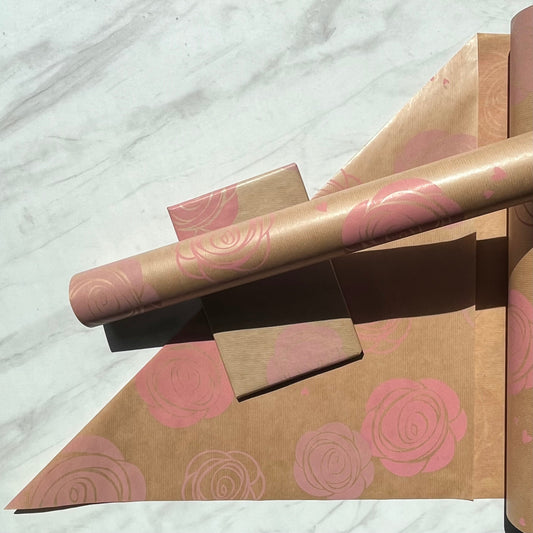 Wrapping Paper Pink Rose Print 50CM Wide Eco Friendly, 100% Recycled Kraft | Recyclable, Sustainable, Plastic Free Gift Wrap