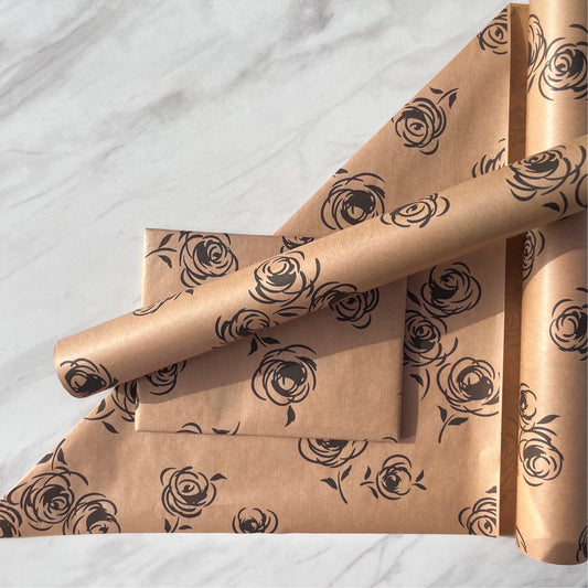 Wrapping Paper Black Rose Print 50CM Wide Eco Friendly, 100% Recycled Kraft | Recyclable, Sustainable, Plastic Free Gift Wrap