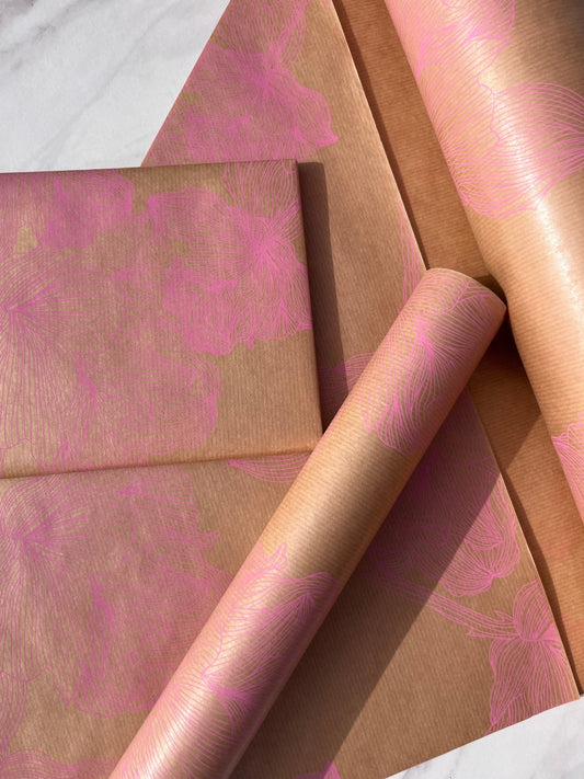 Wrapping Paper Pink Floral 50CM Wide Eco Friendly, 100% Recycled Kraft | Recyclable, Sustainable, Plastic Free Gift Wrap