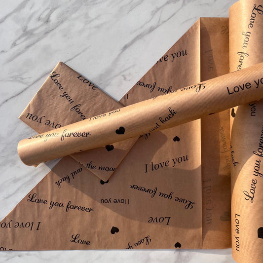Wrapping Paper I Love You Print 50CM Wide Eco Friendly, 100% Recycled Kraft | Recyclable, Sustainable, Plastic Free Gift Wrap