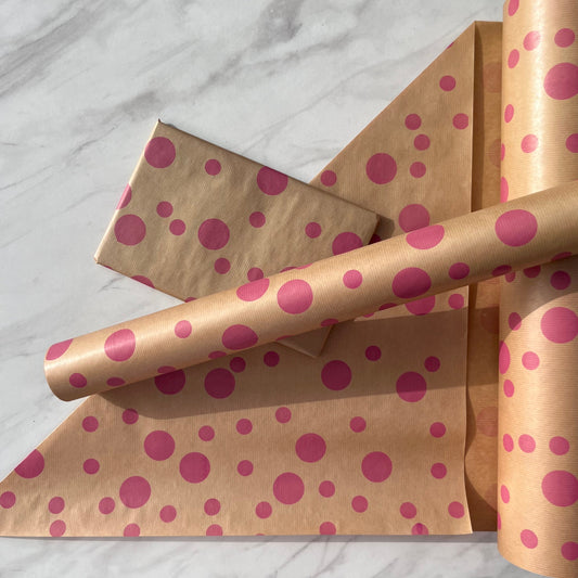 Wrapping Paper Pink Polka 50CM Wide Eco Friendly, 100% Recycled Kraft | Recyclable, Sustainable, Plastic Free Gift Wrap