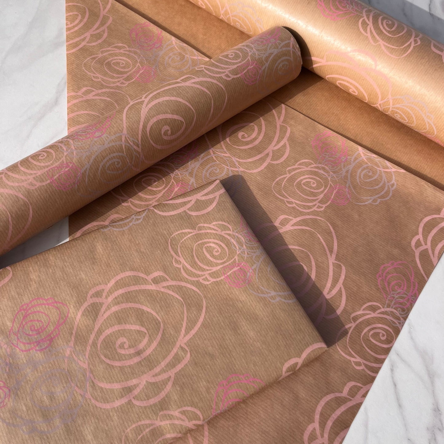 Wrapping Paper Pink Abstract Rose 50CM Wide Eco Friendly, 100% Recycled Kraft | Recyclable, Sustainable, Plastic Free Gift Wrap
