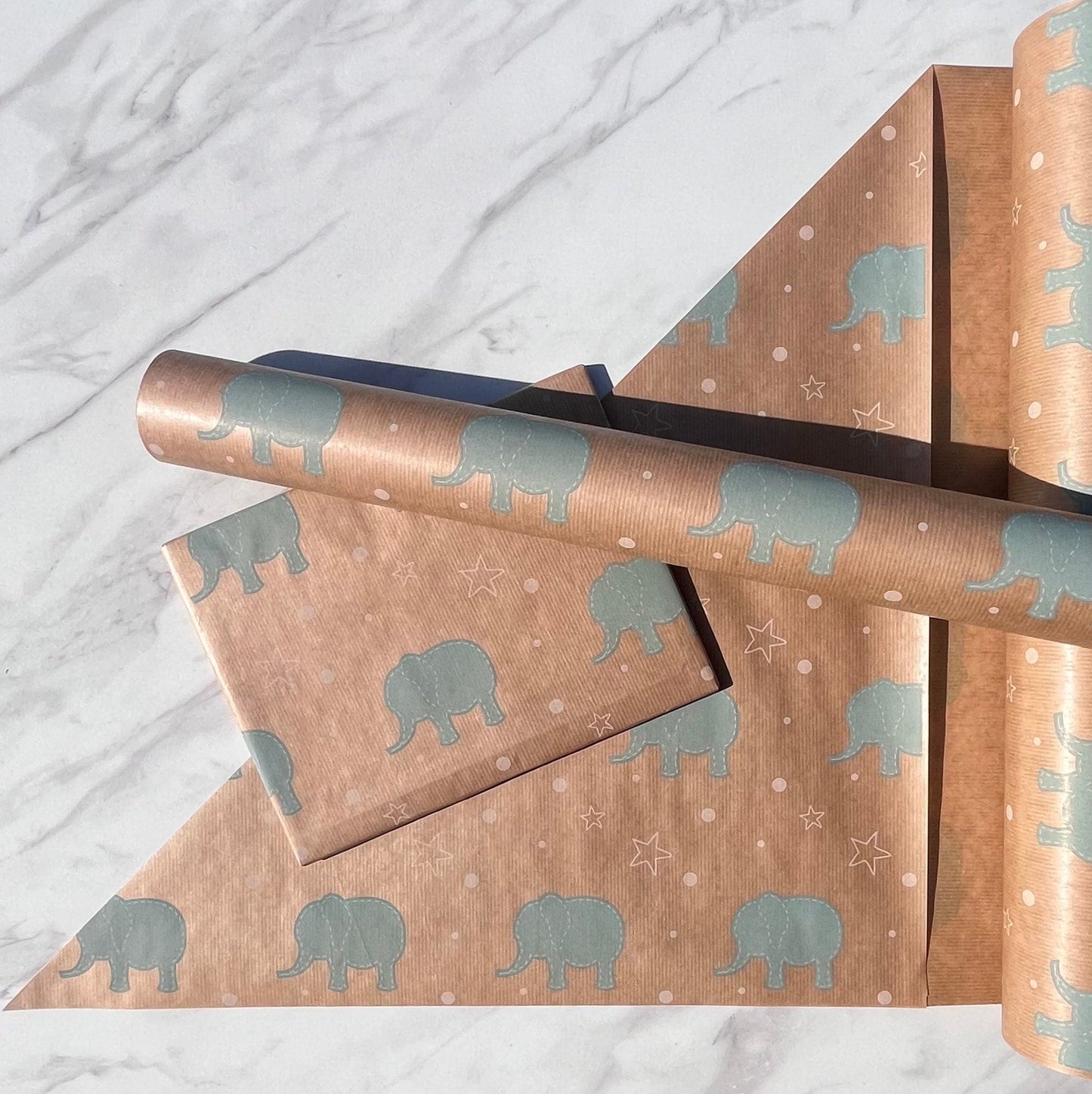 Wrapping Paper Baby Blue Elephant 50CM Wide Eco Friendly, 100% Recycled Kraft | Recyclable, Sustainable, Plastic Free Gift Wrap