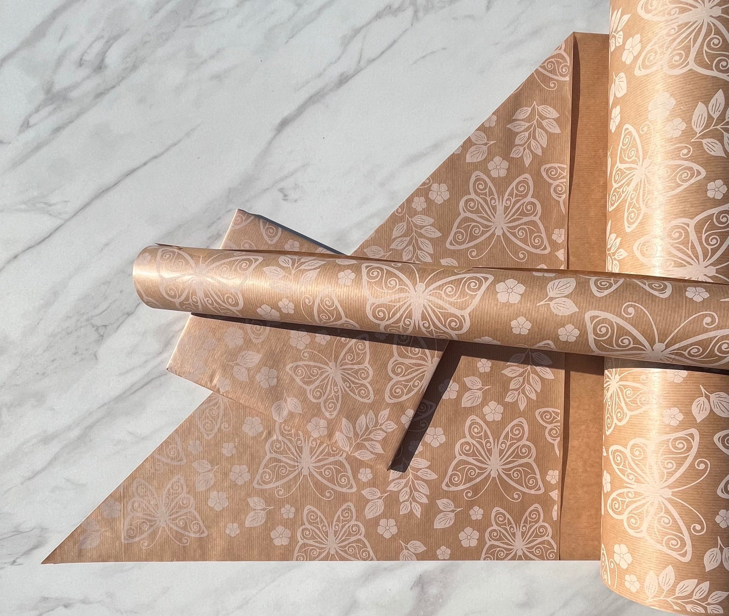Wrapping Paper Evie White Butterfly 50CM Wide Eco Friendly, 100% Recycled Kraft | Recyclable, Sustainable, Plastic Free Gift Wrap