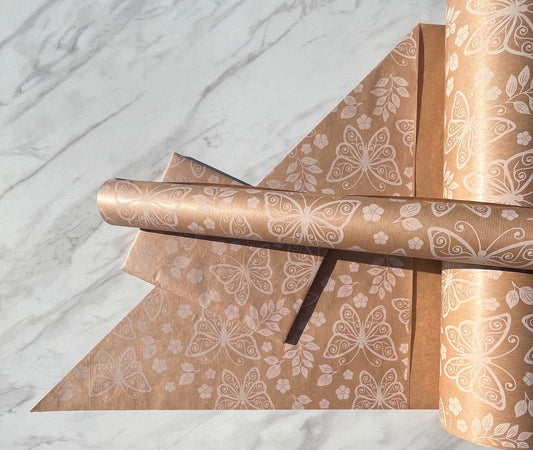 Wrapping Paper Evie White Butterfly 50CM Wide Eco Friendly, 100% Recycled Kraft | Recyclable, Sustainable, Plastic Free Gift Wrap
