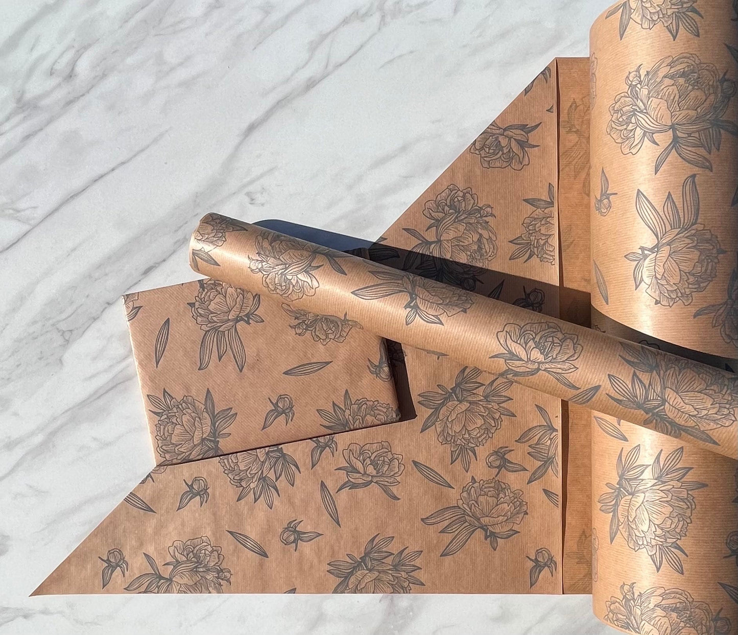Wrapping Paper Grey Floral 50CM Wide Eco Friendly, 100% Recycled Kraft | Recyclable, Sustainable, Plastic Free Gift Wrap