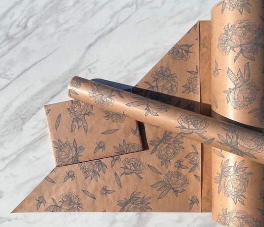Wrapping Paper Grey Floral 50CM Wide Eco Friendly, 100% Recycled Kraft | Recyclable, Sustainable, Plastic Free Gift Wrap