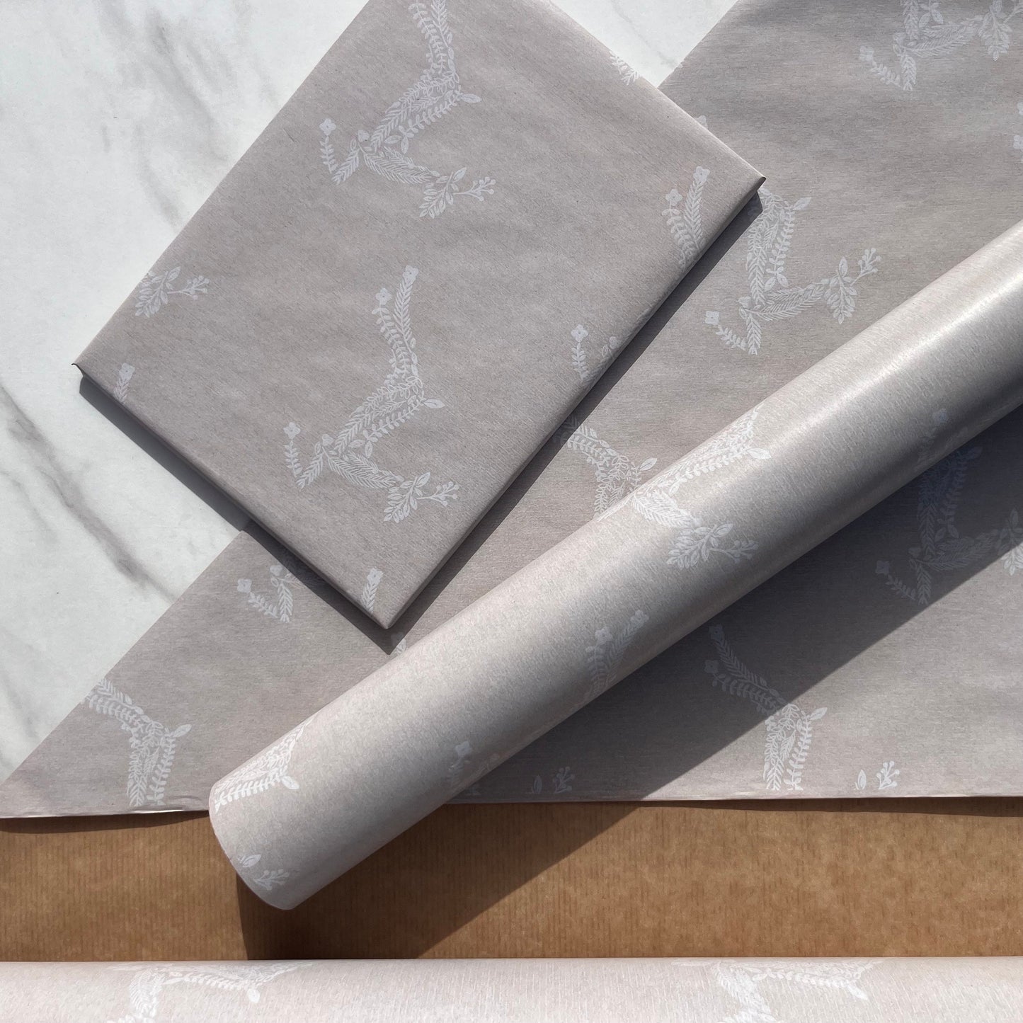 Christmas Wrapping Paper  White Reindeer 50CM Wide Eco Friendly, 100% Recycled Kraft | Recyclable, Sustainable, Plastic Free Gift Wrap