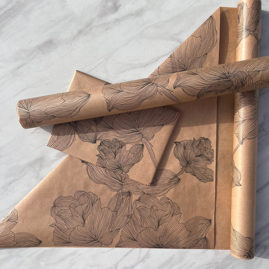 Wrapping Paper Black Floral Print 50CM Wide Eco Friendly, 100% Recycled Kraft | Recyclable, Sustainable, Plastic Free Gift Wrap