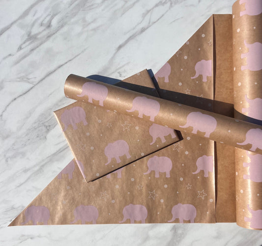 Wrapping Paper Baby Pink Elephant 50CM Wide Eco Friendly, 100% Recycled Kraft | Recyclable, Sustainable, Plastic Free Gift Wrap