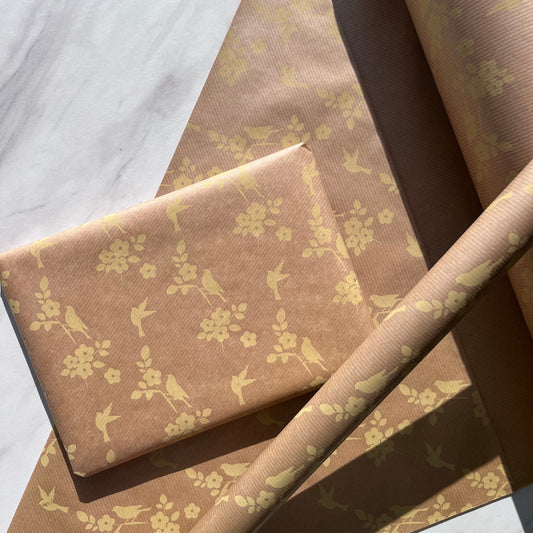 Wrapping Paper Yellow Birds Blossom 50CM Wide Eco Friendly, 100% Recycled Kraft | Recyclable, Sustainable, Plastic Free Gift Wrap