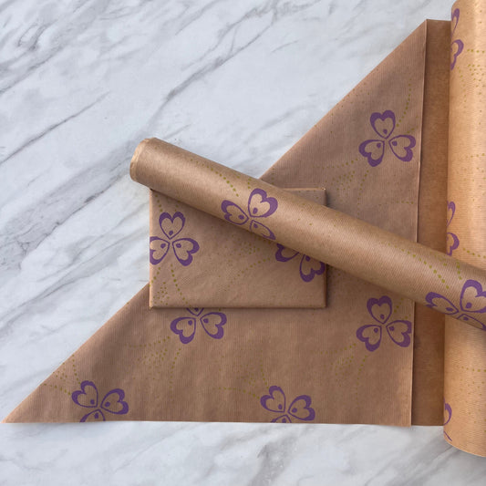 Wrapping Paper Purple Flowers 50CM Wide Eco Friendly, 100% Recycled Kraft | Recyclable, Sustainable, Plastic Free Gift Wrap