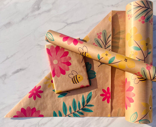 Wrapping Paper Floral Bee 50CM Wide Eco Friendly, 100% Recycled Kraft | Recyclable, Sustainable, Plastic Free Gift Wrap