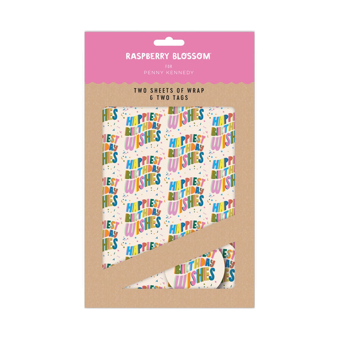 Raspberry Blossom Happy Birthday Flat Wrap Gift Wrapping Paper With Tags 2 sheets 50 x 70 cm