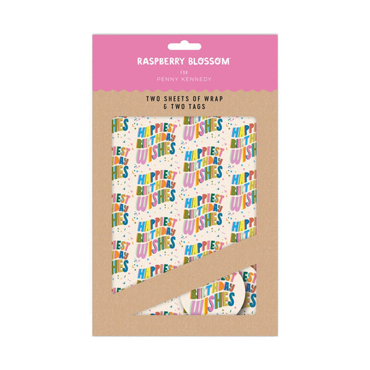 Raspberry Blossom Happy Birthday Flat Wrap Gift Wrapping Paper With Tags 2 sheets 50 x 70 cm