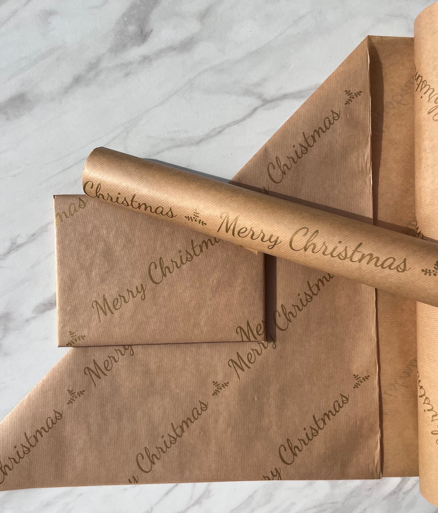 Christmas Wrapping Paper Gold Merry  Writing 50CM Wide Eco Friendly, 100% Recycled Kraft | Recyclable, Sustainable, Plastic Free Gift Wrap