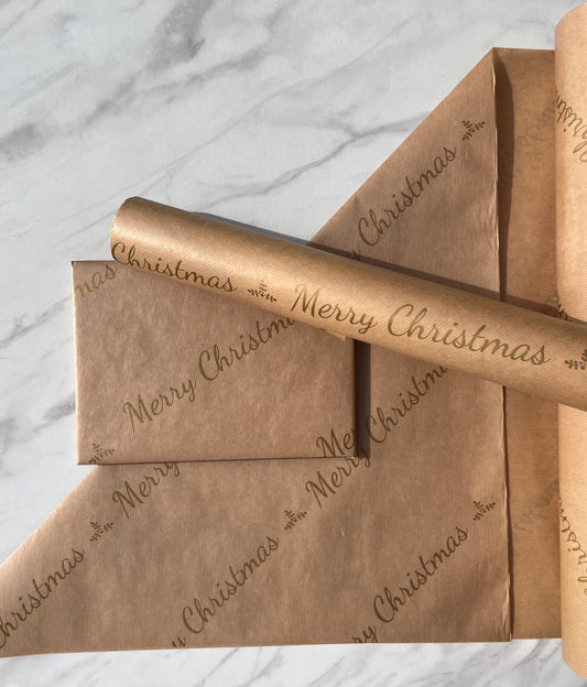 Christmas Wrapping Paper Gold Merry  Writing 50CM Wide Eco Friendly, 100% Recycled Kraft | Recyclable, Sustainable, Plastic Free Gift Wrap