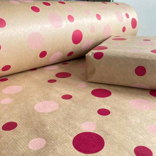 Wrapping Paper Pink Polka Dot 50CM Wide Eco Friendly, 100% Recycled Kraft | Recyclable, Sustainable, Plastic Free Gift Wrap