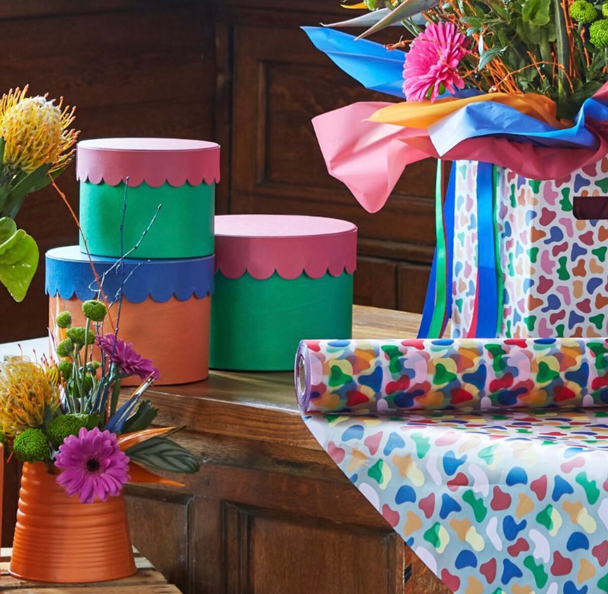 Hat Boxes Set Of 3 Scalloped Round Storage Boxes Contrast Lid, Viva Green Base, Rosa Pink Lid, Designer Flower Pot, Eco Friendly