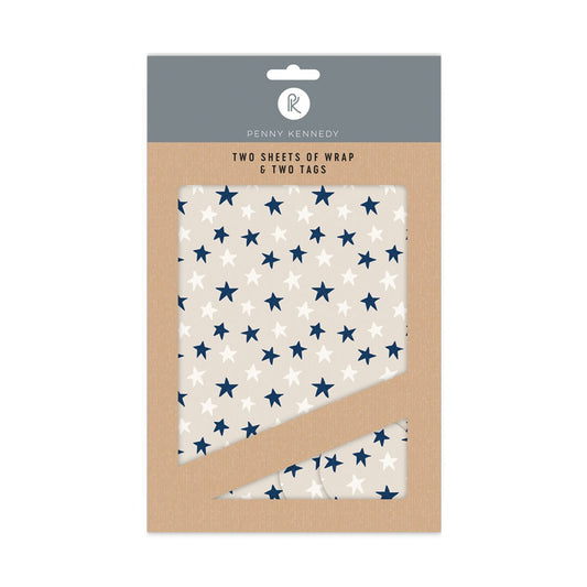 Penny Kennedy Astro Linen Blue White Star Flat Wrap Gift Wrapping Paper With Tags 2 sheets 50 x 70 cm