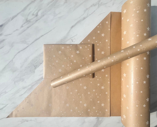 Christmas Wrapping Paper White Stars 50CM Wide Eco Friendly, 100% Recycled Kraft | Recyclable, Sustainable, Plastic Free Gift Wrap