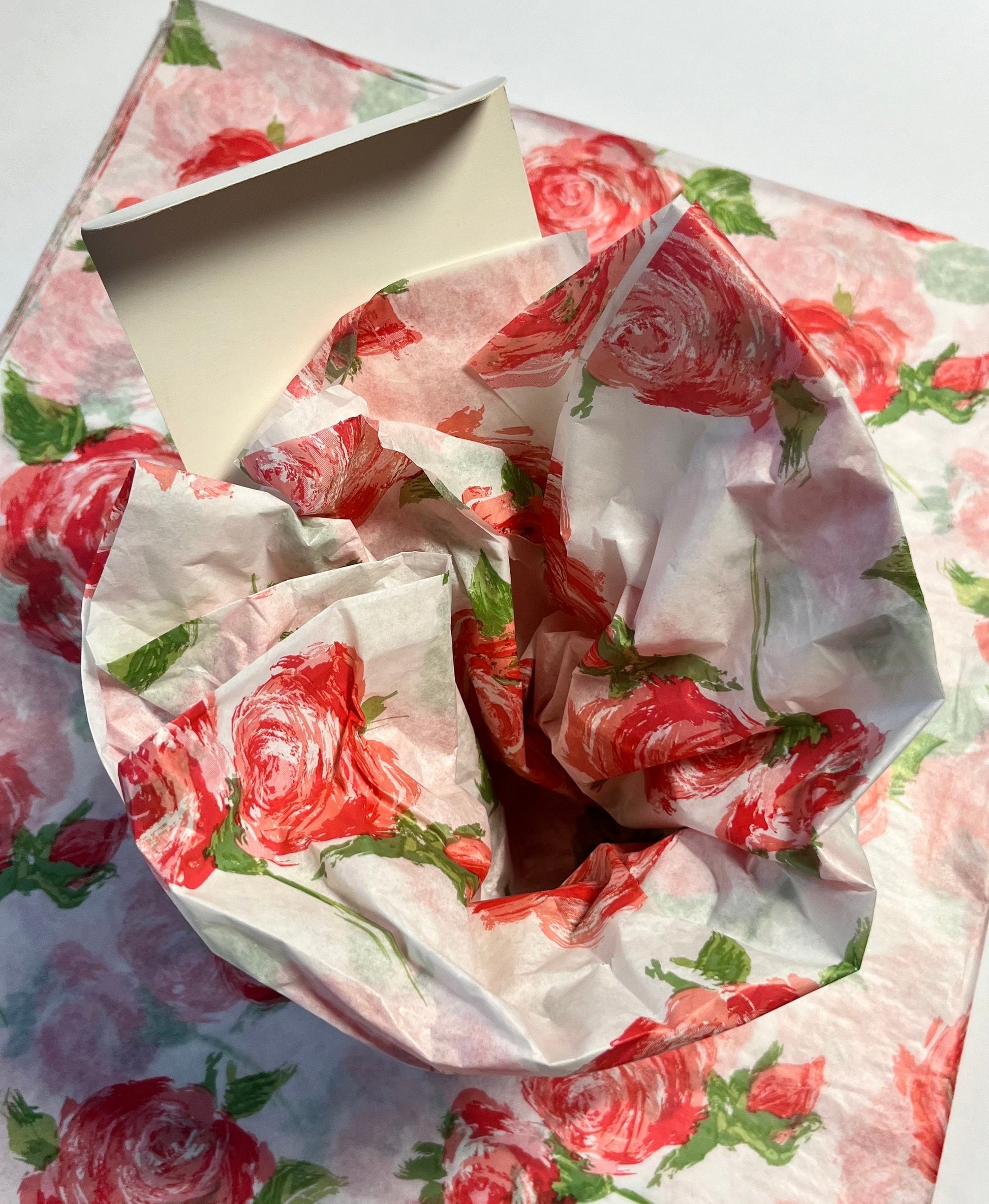 Tissue Paper Pink Red Rose Print Luxury Thick 18GSM Sheets Eco Friendly Full Size 75cm x 50cm 1-10 Sheets Folded