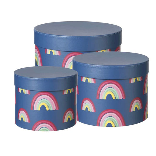 Hat Boxes Set Of 3 Round Storage Boxes, Rainbow Print, Designer Flower Pot, Eco Friendly,