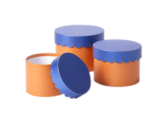 Hat Boxes Set Of 3 Scalloped Round Storage Boxes Contrast Lid, Tango Orange Base, Marino Blue Lid, Designer Flower Pot, Eco Friendly