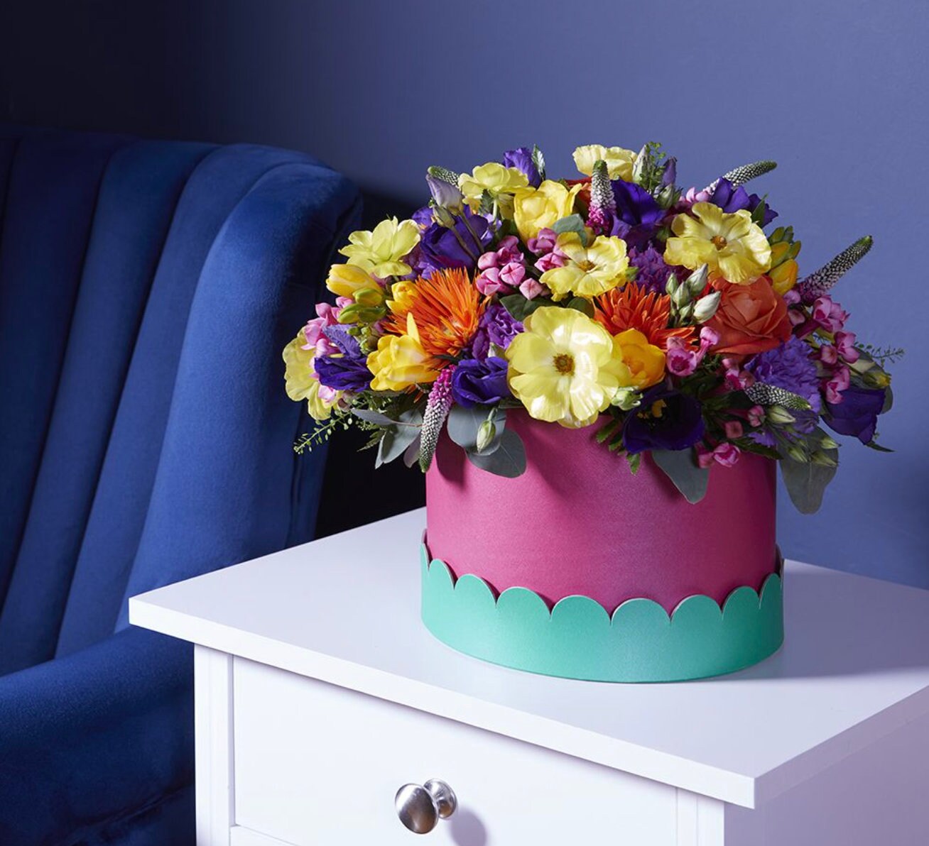 Hat Boxes Set Of 3 Scalloped Round Storage Boxes Contrast Lid, Viva Green Base, Rosa Pink Lid, Designer Flower Pot, Eco Friendly