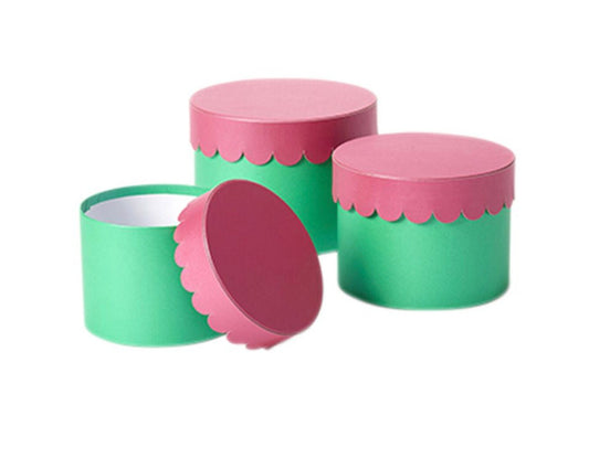Hat Boxes Set Of 3 Scalloped Round Storage Boxes Contrast Lid, Viva Green Base, Rosa Pink Lid, Designer Flower Pot, Eco Friendly