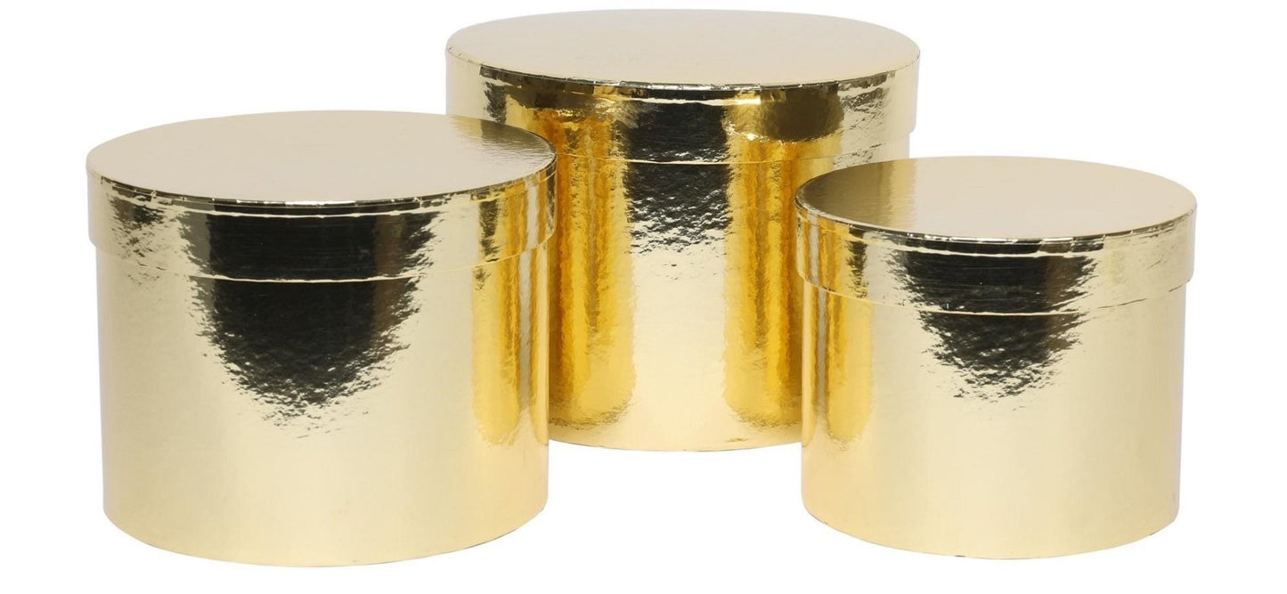 Hat Boxes Set Of 3 Metallic Gold Round Storage Boxes,  Designer Flower Pot, Eco Friendly, Christmas